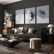 Unusual Wall Art for Living Room Scandi Nordic Mountain Landscape Grey White Blue Art wall art displayed on a wall in a styled room