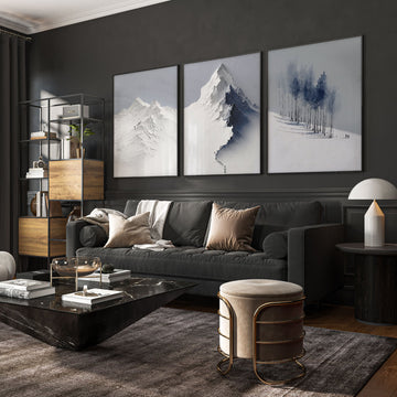 Unusual Wall Art for Living Room Scandi Nordic Mountain Landscape Grey White Blue Art wall art displayed on a wall in a styled room