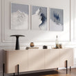 Unusual Wall Art for Living Room Scandi Nordic Mountain Landscape Grey White Blue Art wall art displayed on a wall in a styled room — view 10