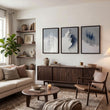Unusual Wall Art for Living Room Scandi Nordic Mountain Landscape Grey White Blue Art wall art displayed on a wall in a styled room — view 12