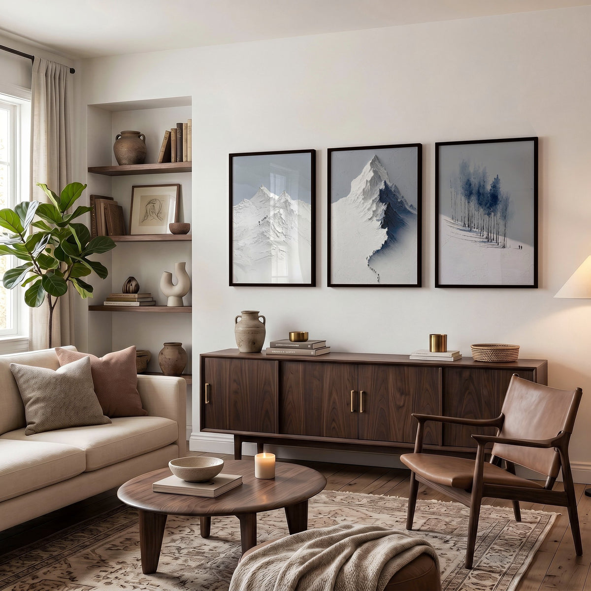 Unusual Wall Art for Living Room Scandi Nordic Mountain Landscape Grey White Blue Art wall art displayed on a wall in a styled room — view 12