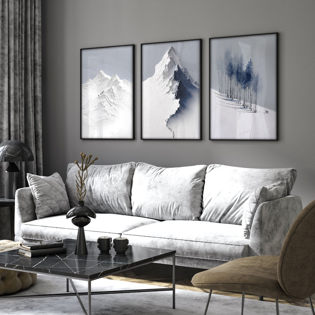 Unusual Wall Art for Living Room Scandi Nordic Mountain Landscape Grey White Blue Art wall art displayed on a wall in a styled room — view 13