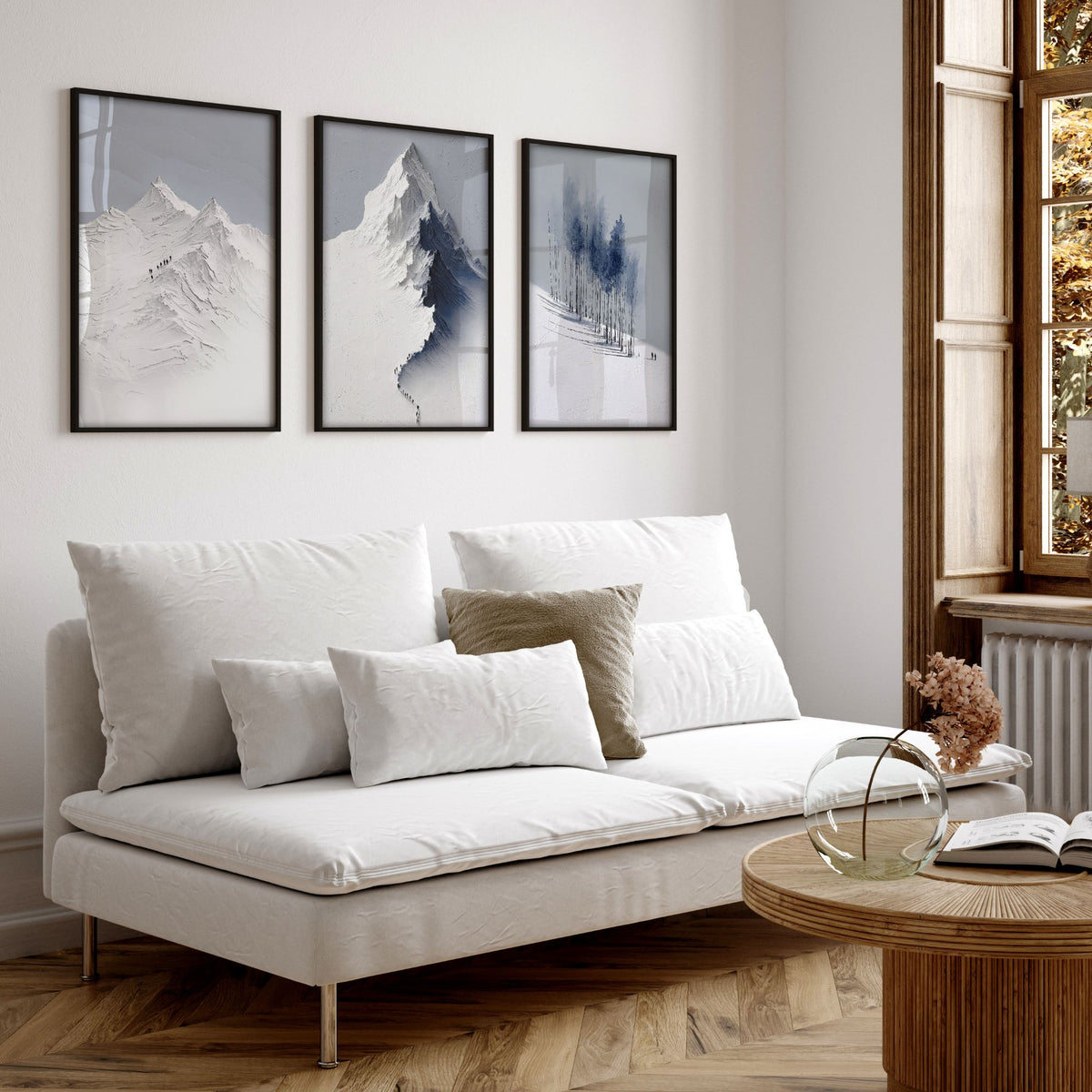 Unusual Wall Art for Living Room Scandi Nordic Mountain Landscape Grey White Blue Art wall art displayed on a wall in a styled room — view 15