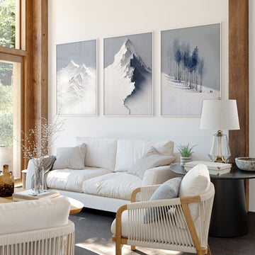 Unusual Wall Art for Living Room Scandi Nordic Mountain Landscape Grey White Blue Art wall art displayed on a wall in a styled room — view 2