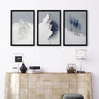 Unusual Wall Art for Living Room Scandi Nordic Mountain Landscape Grey White Blue Art wall art displayed on a wall in a styled room — view 3