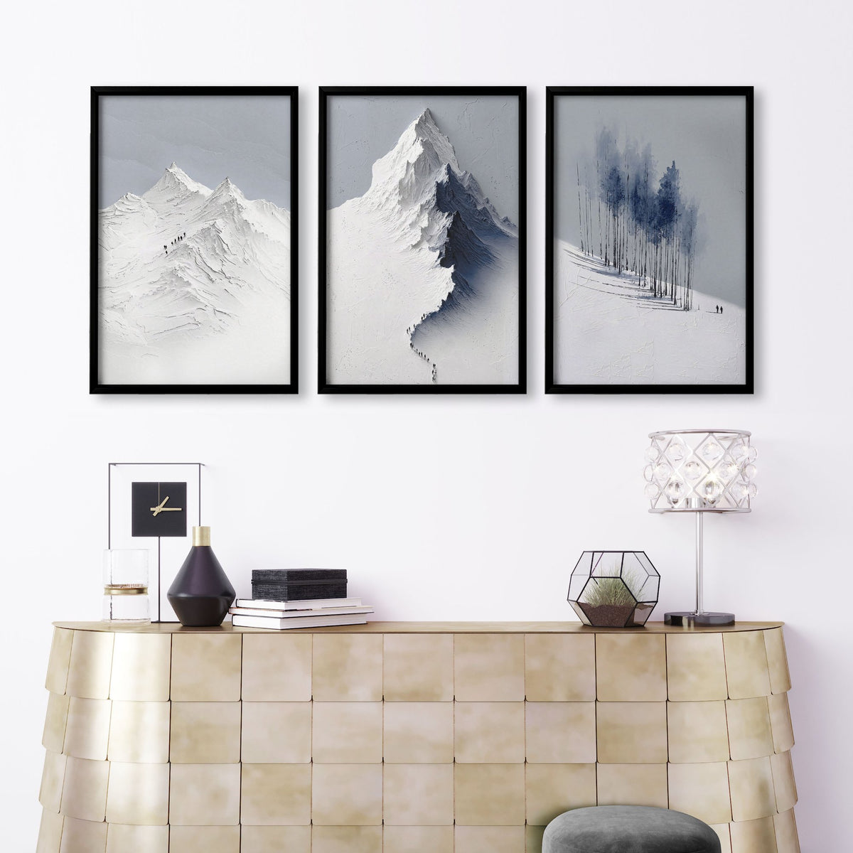 Unusual Wall Art for Living Room Scandi Nordic Mountain Landscape Grey White Blue Art wall art displayed on a wall in a styled room — view 3