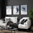 Unusual Wall Art for Living Room Scandi Nordic Mountain Landscape Grey White Blue Art wall art displayed on a wall in a styled room — view 4