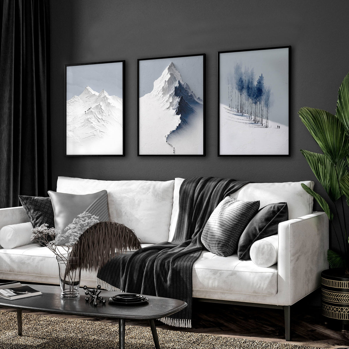 Unusual Wall Art for Living Room Scandi Nordic Mountain Landscape Grey White Blue Art wall art displayed on a wall in a styled room — view 4