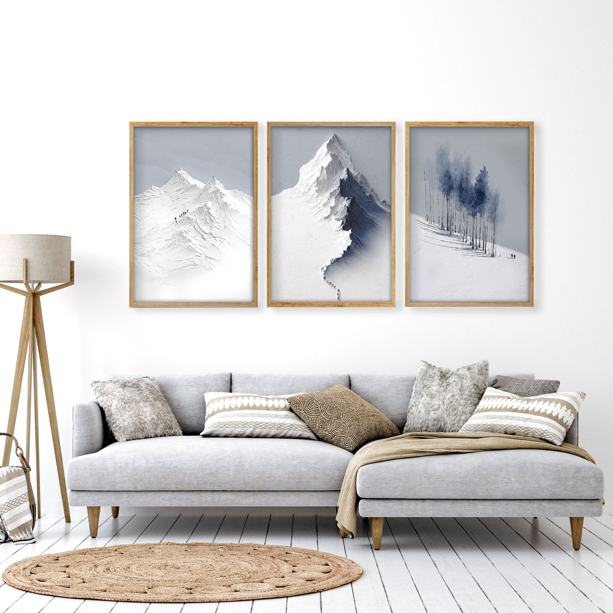 Unusual Wall Art for Living Room Scandi Nordic Mountain Landscape Grey White Blue Art wall art displayed on a wall in a styled room — view 5
