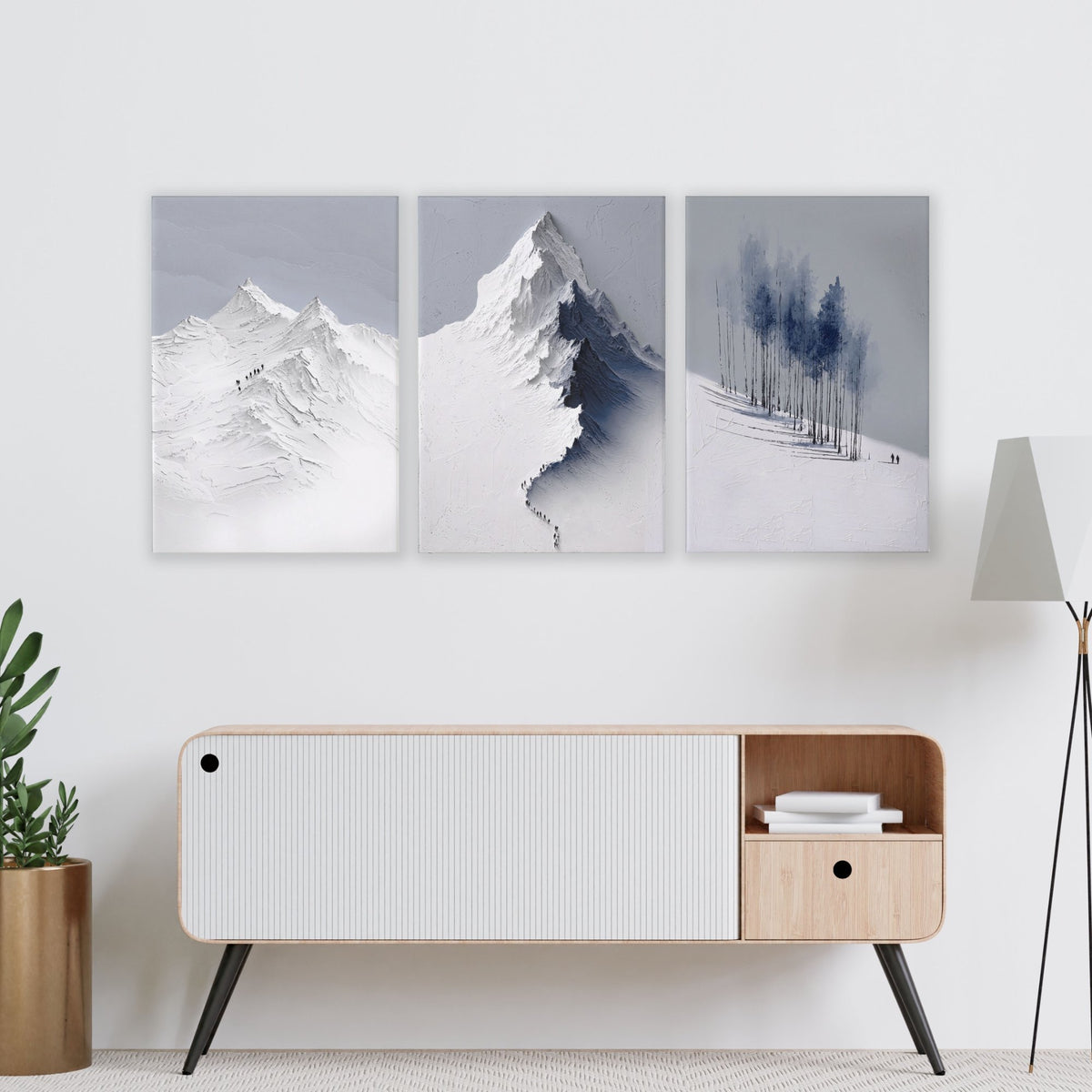 Unusual Wall Art for Living Room Scandi Nordic Mountain Landscape Grey White Blue Art wall art displayed on a wall in a styled room — view 6