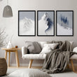 Unusual Wall Art for Living Room Scandi Nordic Mountain Landscape Grey White Blue Art wall art displayed on a wall in a styled room — view 7
