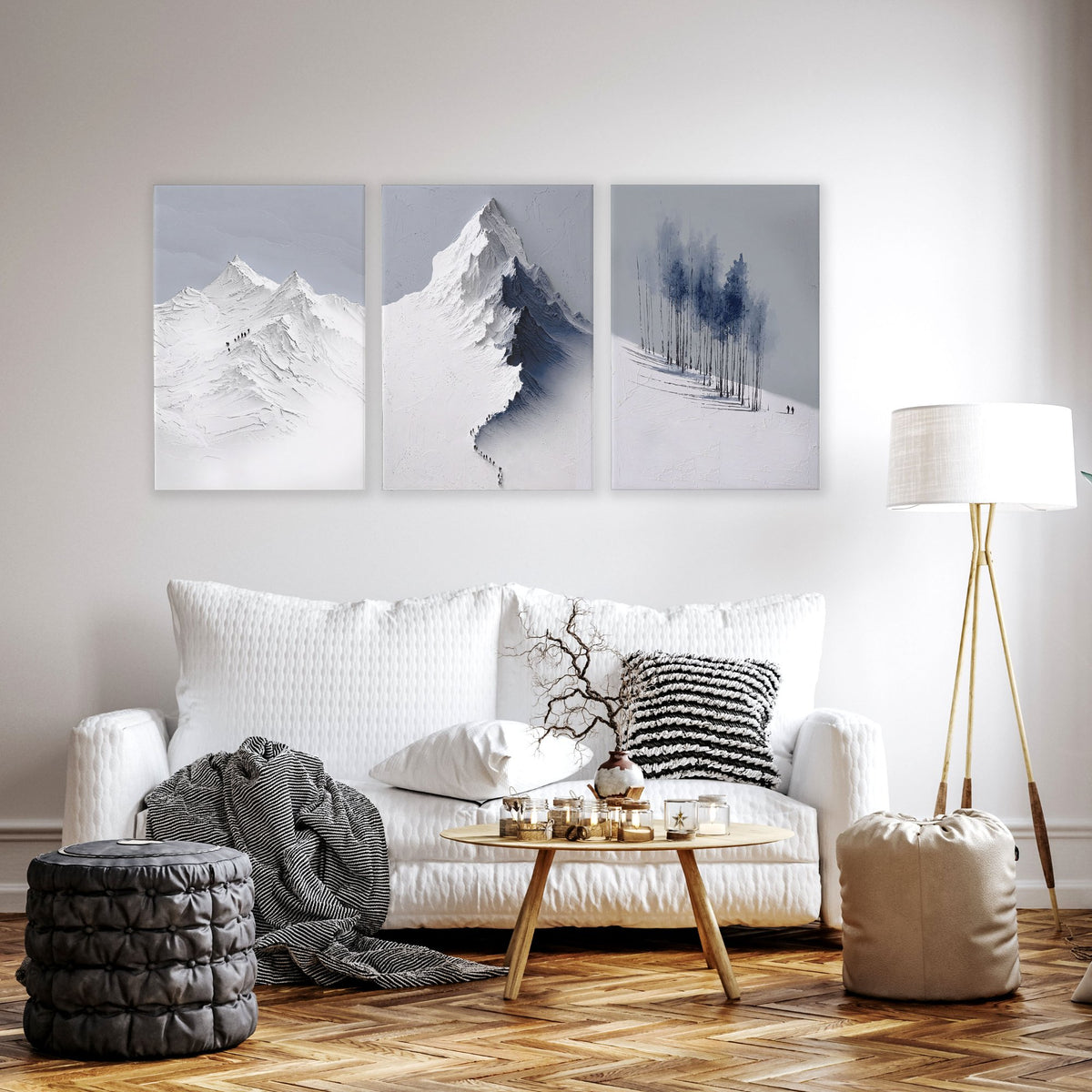 Unusual Wall Art for Living Room Scandi Nordic Mountain Landscape Grey White Blue Art wall art displayed on a wall in a styled room — view 8