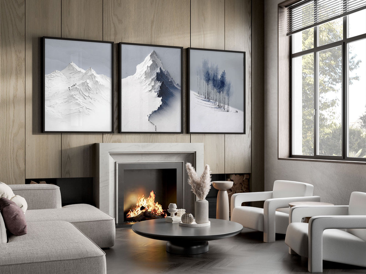 Unusual Wall Art for Living Room Scandi Nordic Mountain Landscape Grey White Blue Art wall art displayed on a wall in a styled room — view 9