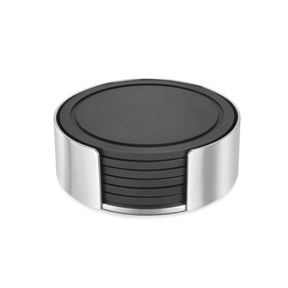 Vetro Silicone Coaster Set with Brushed Steel Stand - 6 Piece