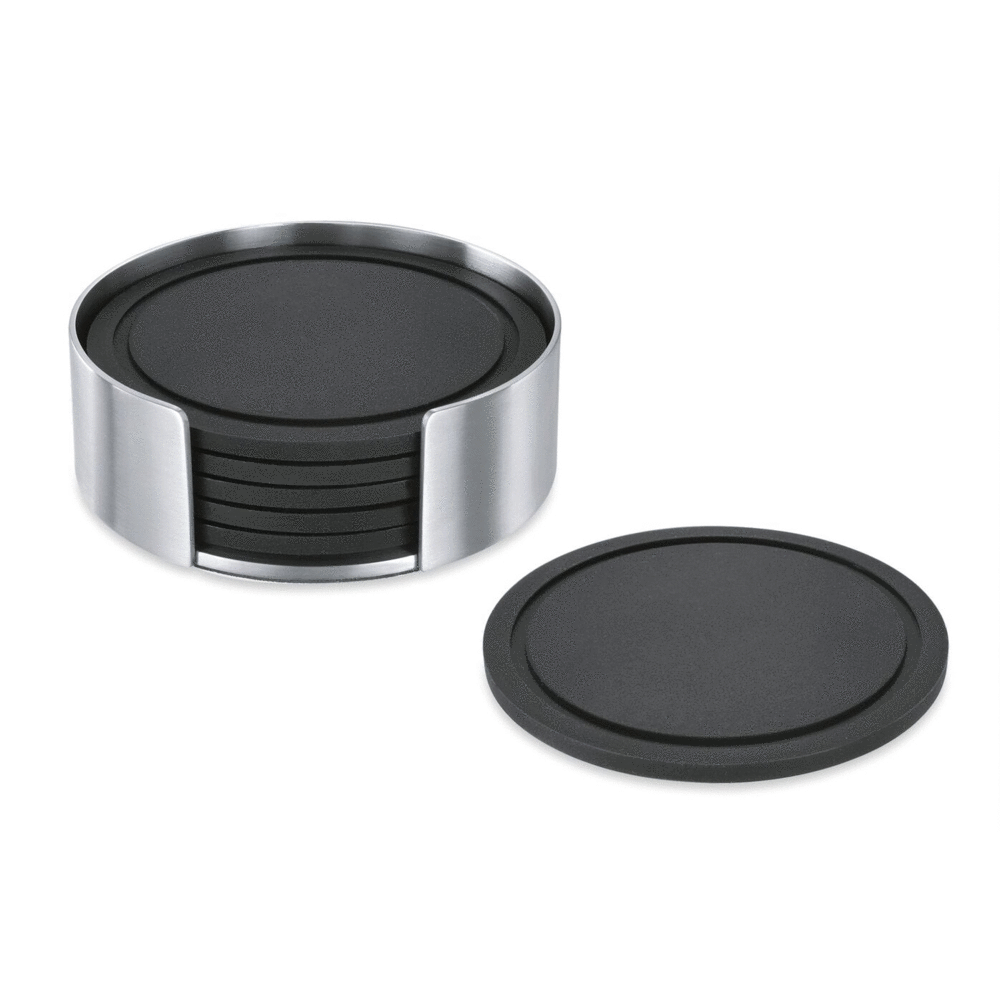 Vetro Silicone Coaster Set with Brushed Steel Stand - 6 Piece