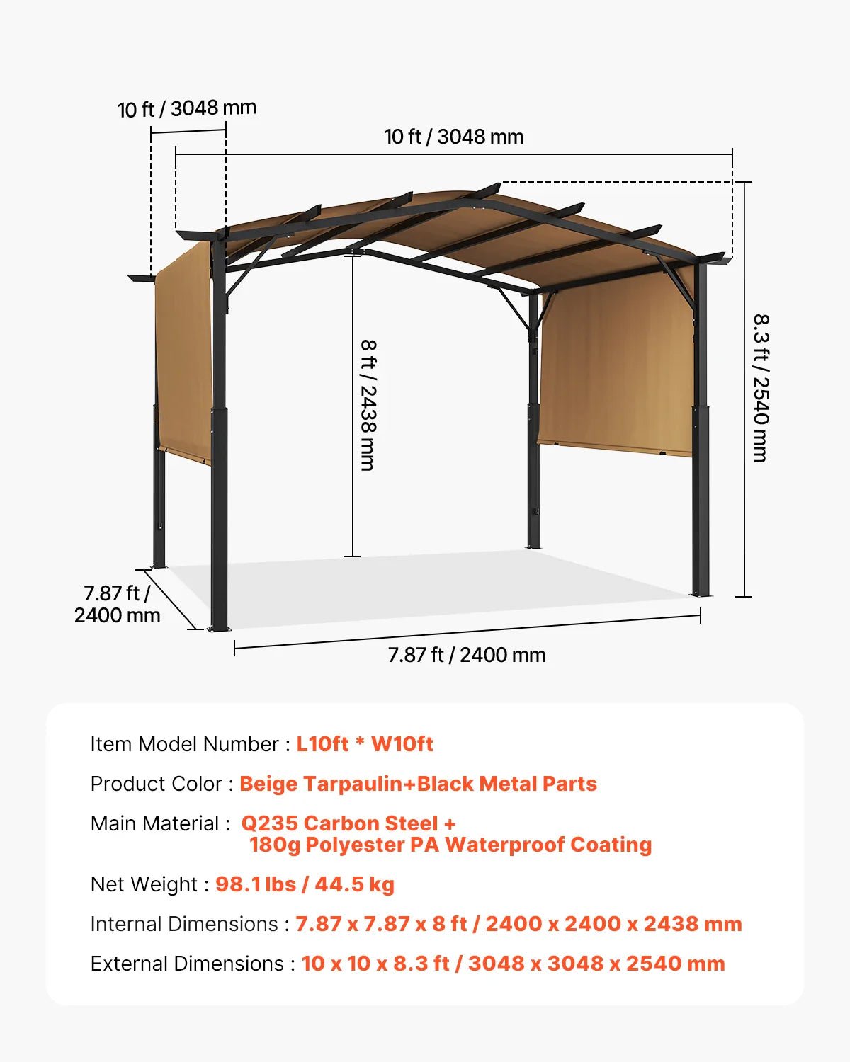 VEVOR Outdoor Pergola Arched Top Metal Pergola Retractable Pergola with Sun Shade Canopy Large Patio Shelter Pavilion for Deck