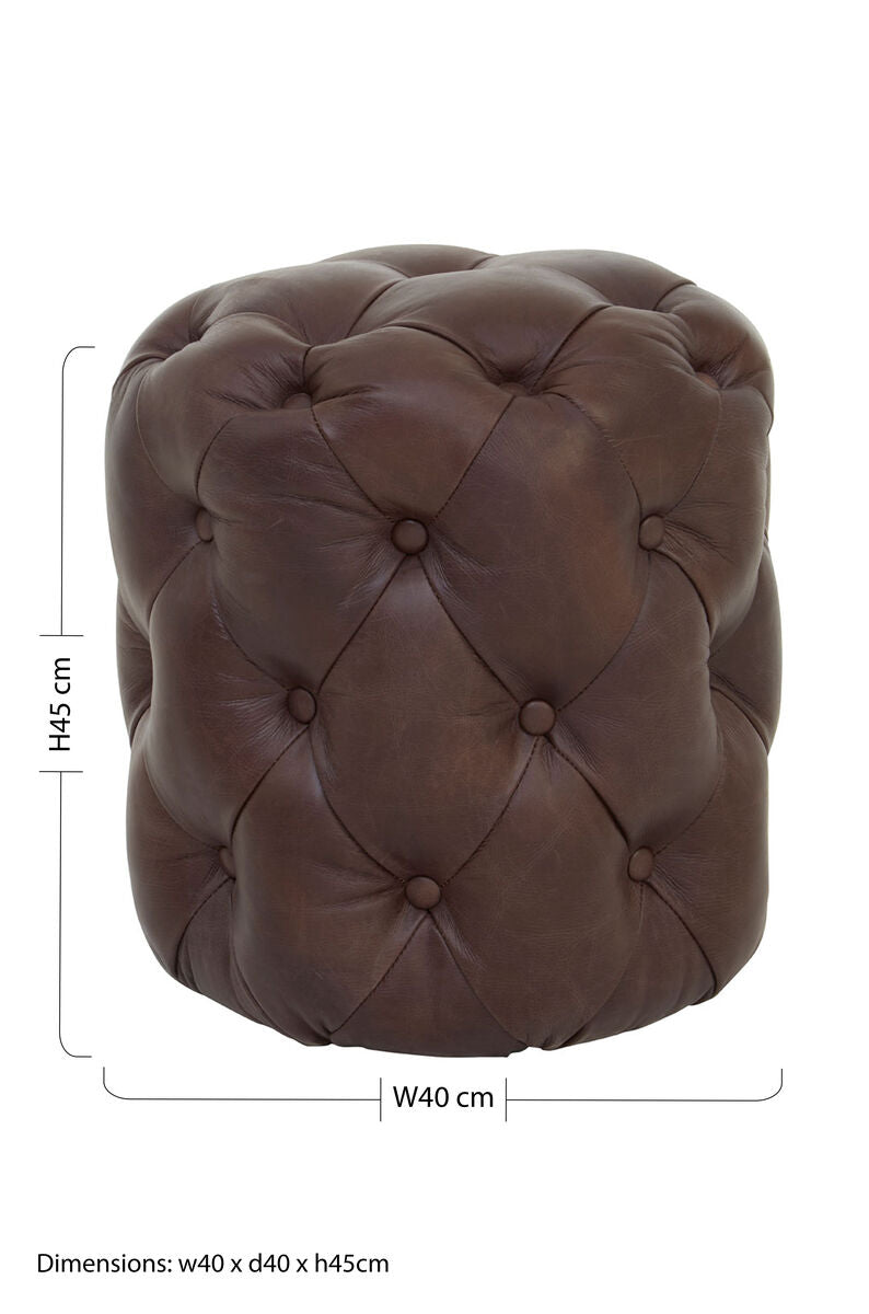 Victor Button Tufted Brown Leather Stool