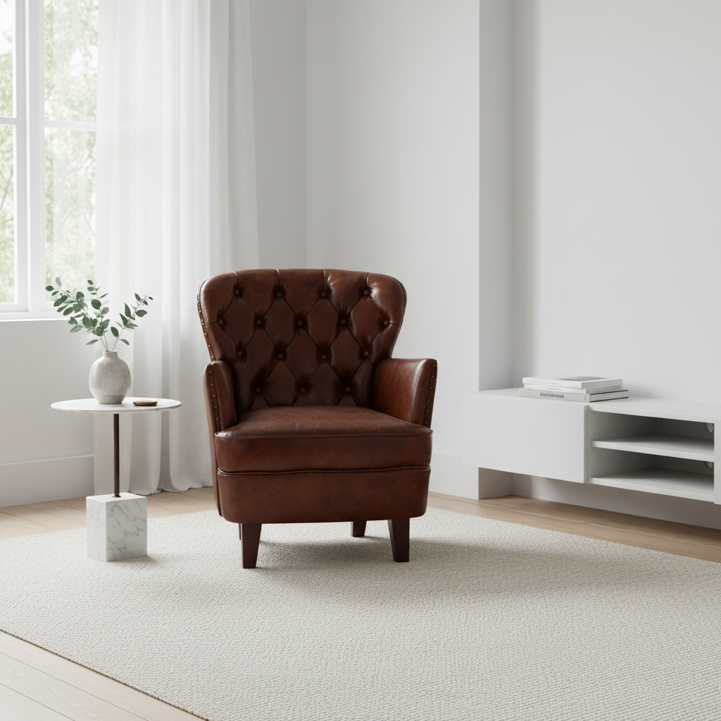 Victor Brown Leather Armchair with Button Tufted Back