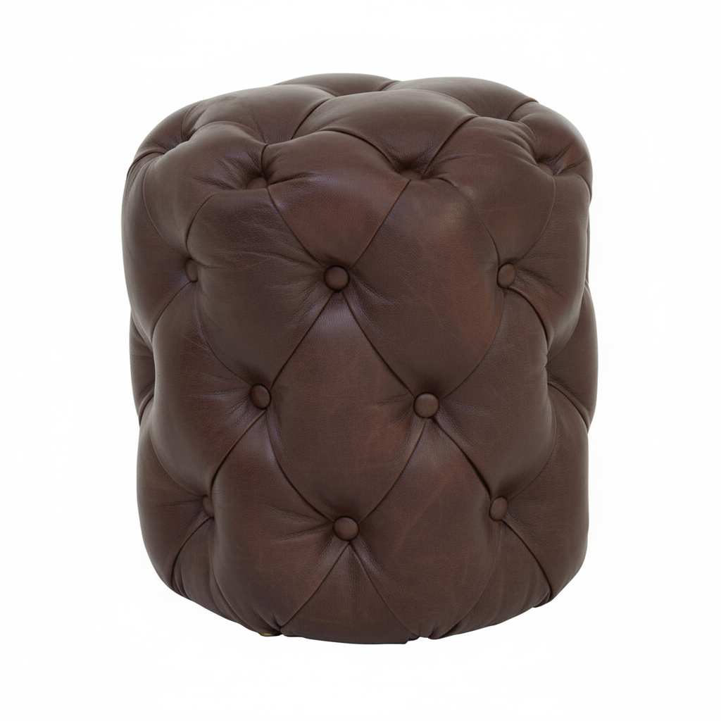 Victor Button Tufted Brown Leather Stool