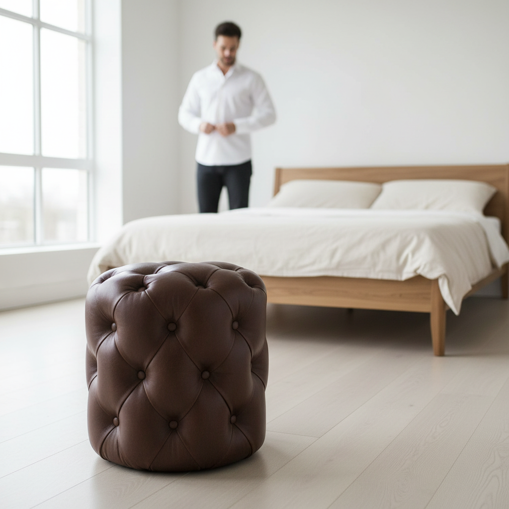 Victor Button Tufted Brown Leather Stool