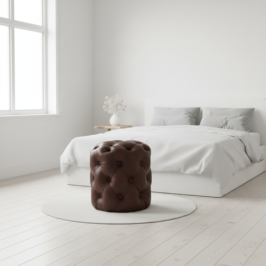 Victor Button Tufted Brown Leather Stool