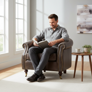 Victor Dark Grey Brown Leather Curved Armchair
