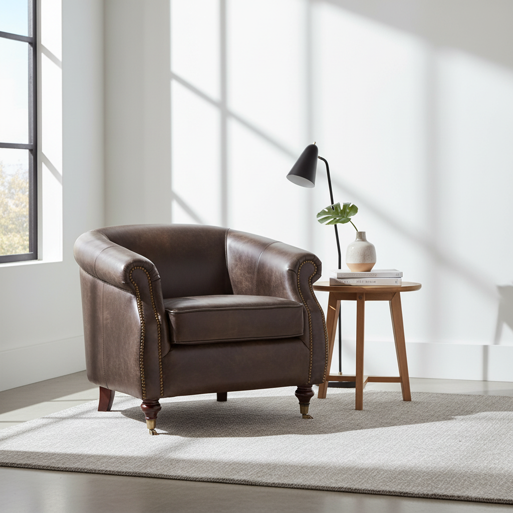Victor Dark Grey Brown Leather Curved Armchair