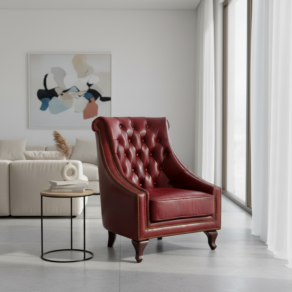 Victor Deep Red Leather Lounge Chair with Tufted Back