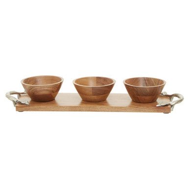 Vine Acacia Wood Set Of 3 Dip Bowls With Tray