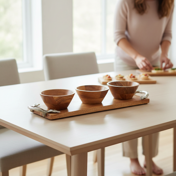 Vine Acacia Wood Set Of 3 Dip Bowls With Tray