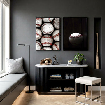 Vintage Art wall art Worn Baseballs Black White Red Photography displayed on a wall in a styled room — view 2