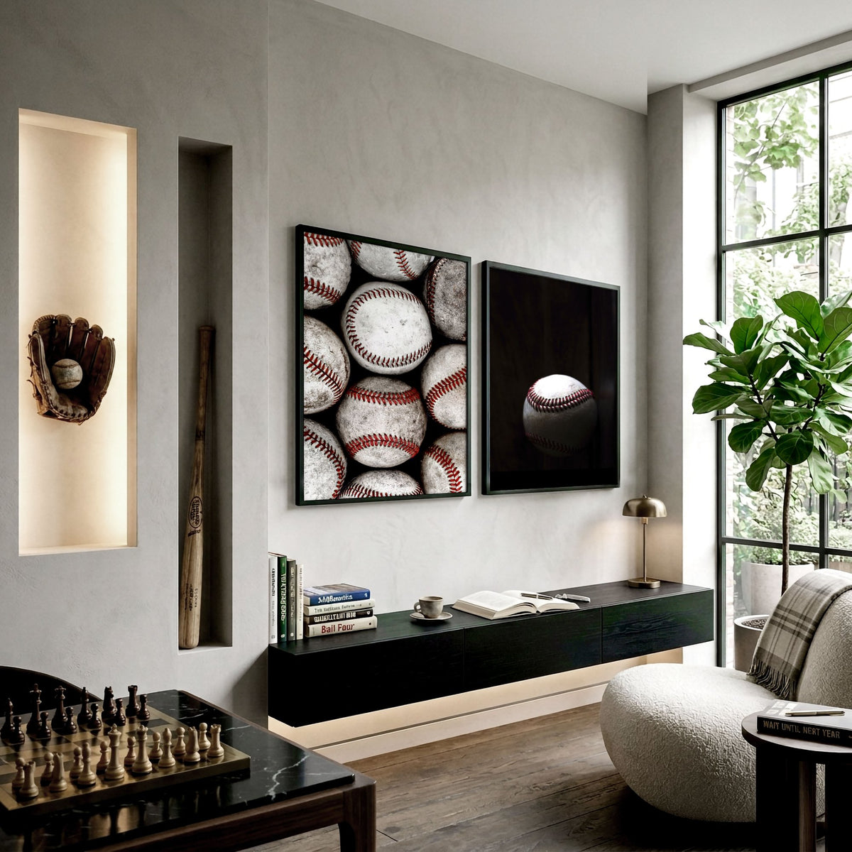 Vintage Art wall art Worn Baseballs Black White Red Photography displayed on a wall in a styled room — view 3