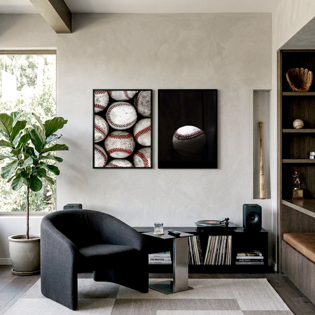 Vintage Art wall art Worn Baseballs Black White Red Photography displayed on a wall in a styled room — view 4