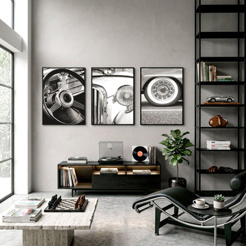 Vintage Car Poster Black & White Classic Auto Close-Up wall art displayed on a wall in a styled room