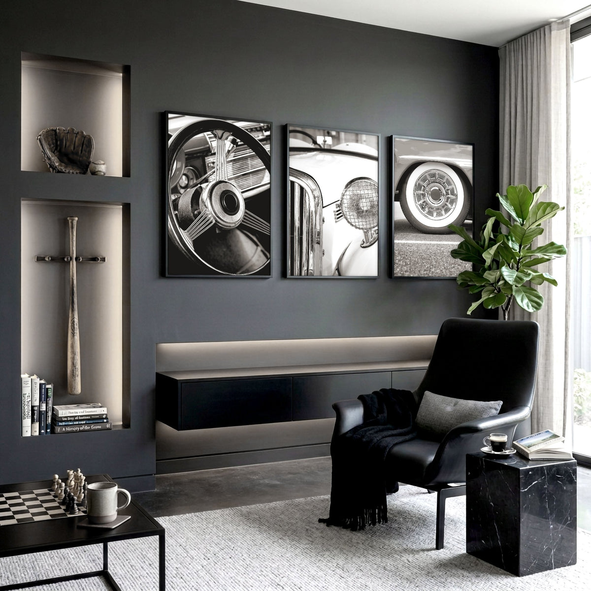 Vintage Car Poster Black & White Classic Auto Close-Up wall art displayed on a wall in a styled room — view 3
