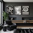 Vintage Car Poster Black & White Classic Auto Close-Up wall art displayed on a wall in a styled room — view 4