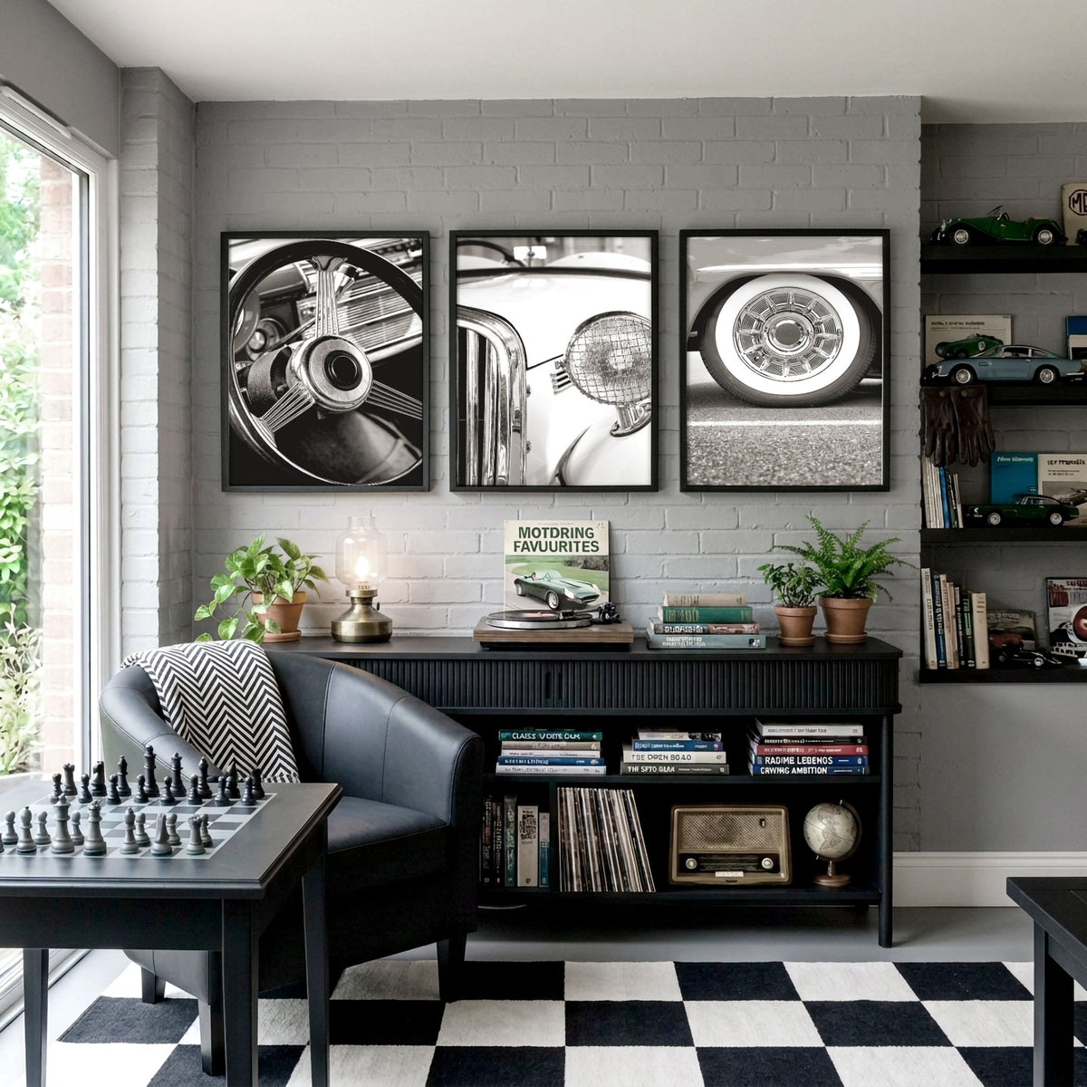 Vintage Car Poster Black & White Classic Auto Close-Up wall art displayed on a wall in a styled room — view 5