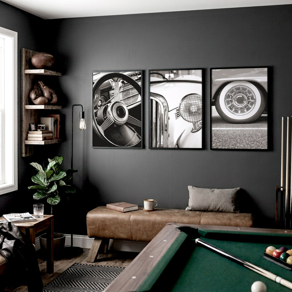 Vintage Car Poster Black & White Classic Auto Close-Up wall art displayed on a wall in a styled room — view 6