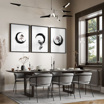 Vintage Japanese Wall Art Enso Circle Ink Brush Zen wall art displayed on a wall in a styled room