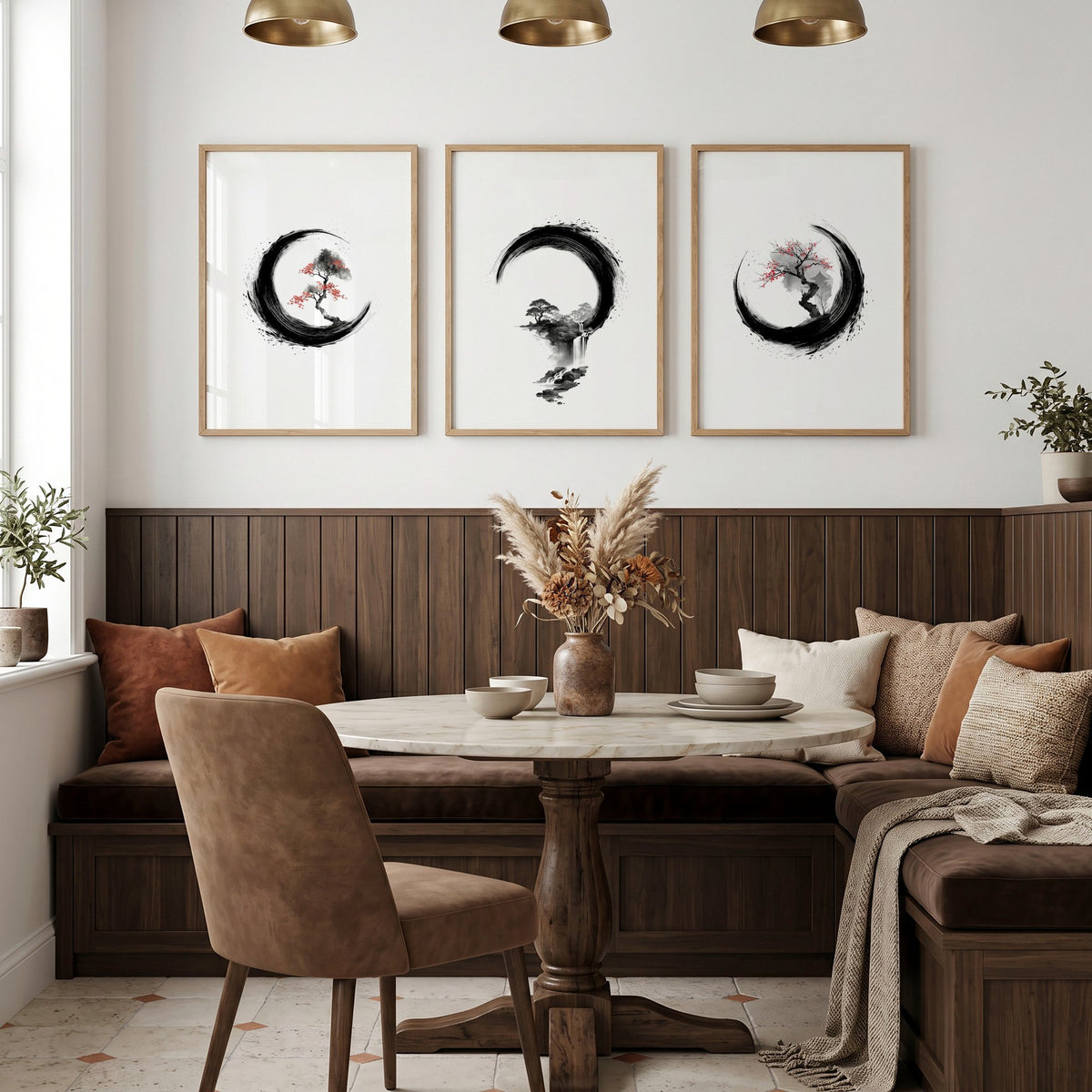 Vintage Japanese Wall Art Enso Circle Ink Brush Zen wall art displayed on a wall in a styled room — view 4
