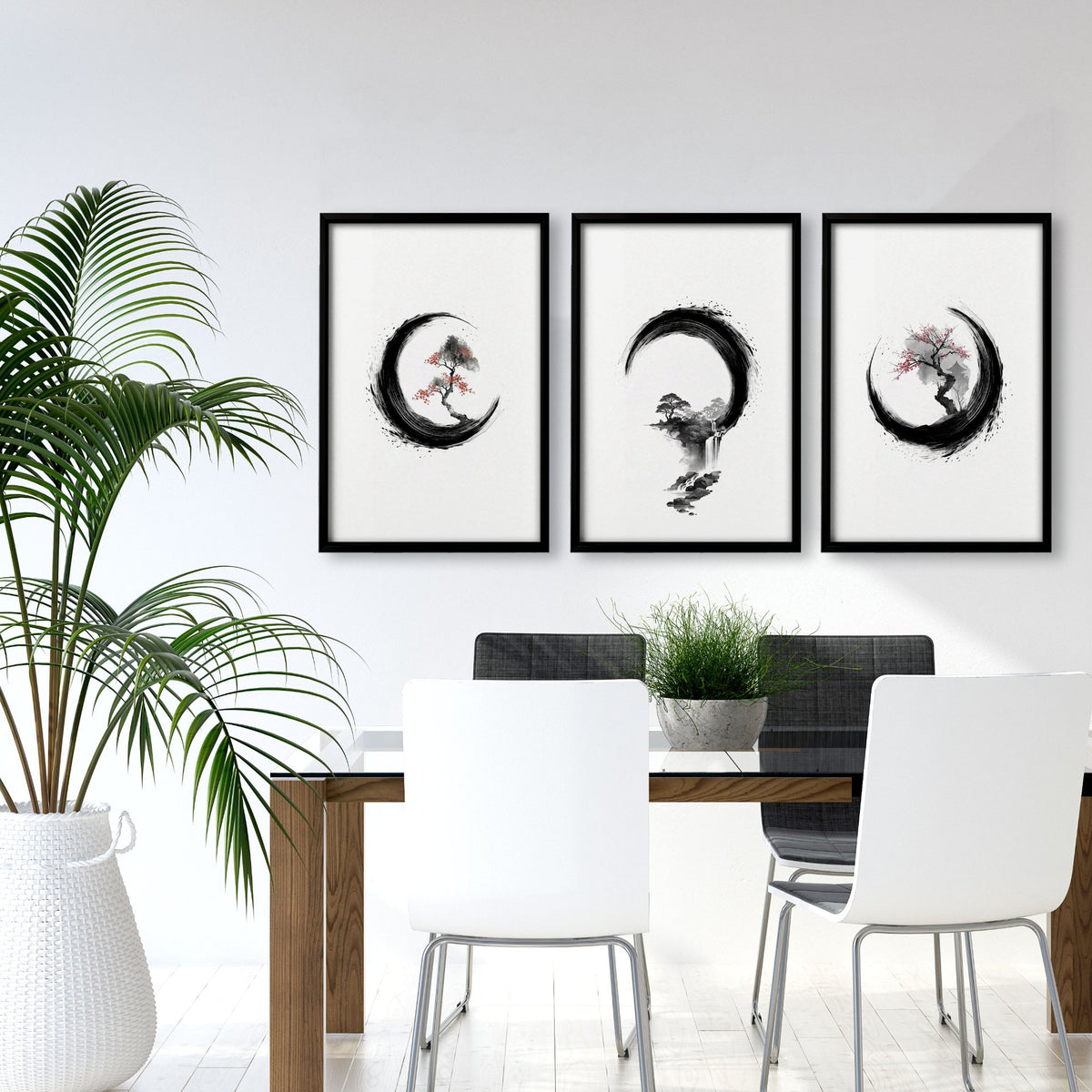 Vintage Japanese Wall Art Enso Circle Ink Brush Zen wall art displayed on a wall in a styled room — view 5