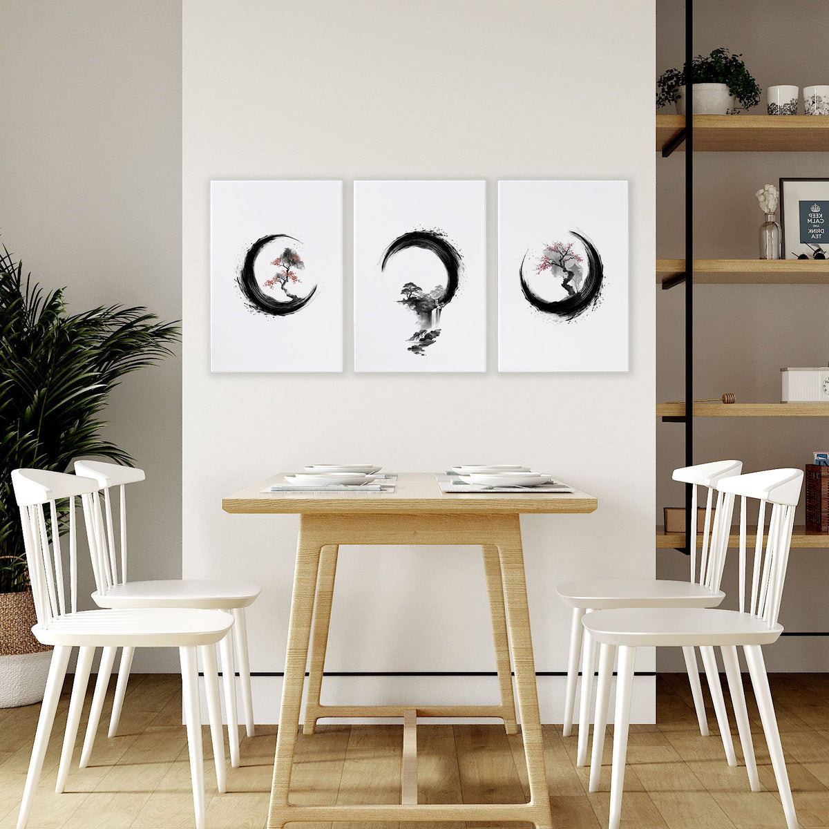Vintage Japanese Wall Art Enso Circle Ink Brush Zen wall art displayed on a wall in a styled room — view 6
