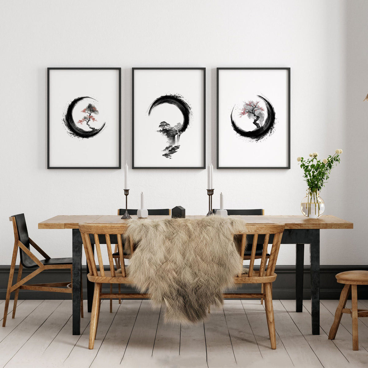 Vintage Japanese Wall Art Enso Circle Ink Brush Zen wall art displayed on a wall in a styled room — view 7
