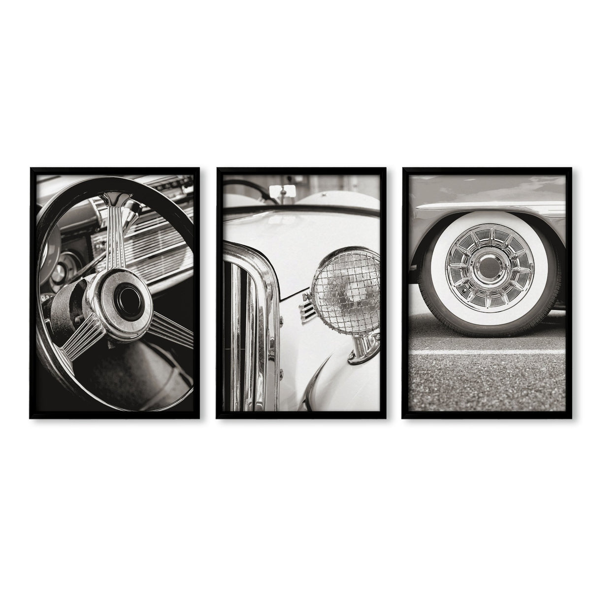 Vintage Posters Classic Car Detail Black & White Photography wall art in a black frame