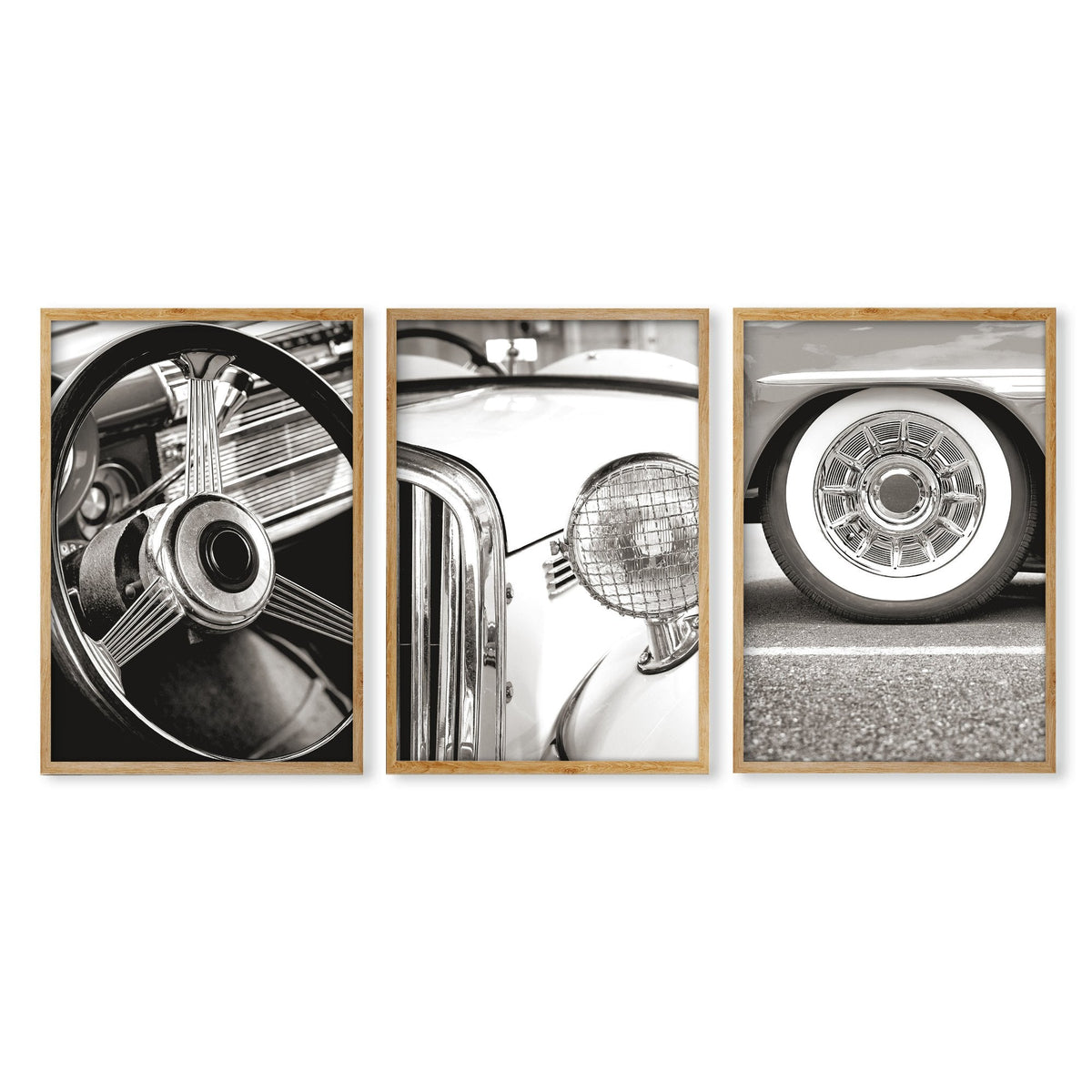 Vintage Posters Classic Car Detail Black & White Photography Wall Art Prints | Set of 3