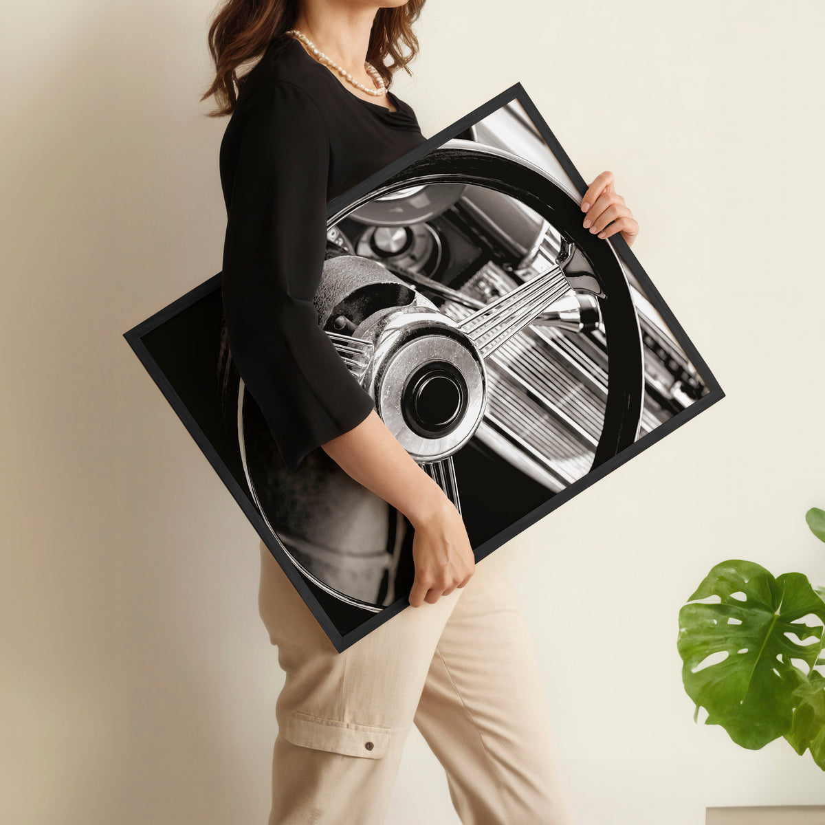 Vintage Posters Classic Car Detail Black & White Photography wall art displayed on a wall in a styled room — view 10