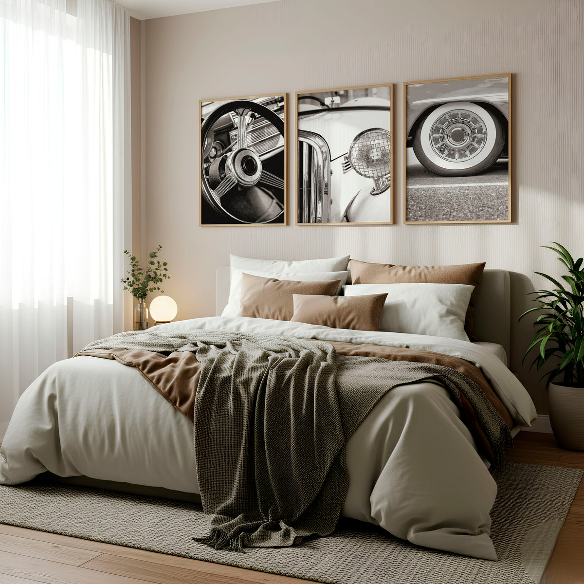 Vintage Posters Classic Car Detail Black & White Photography wall art displayed on a wall in a styled room — view 2
