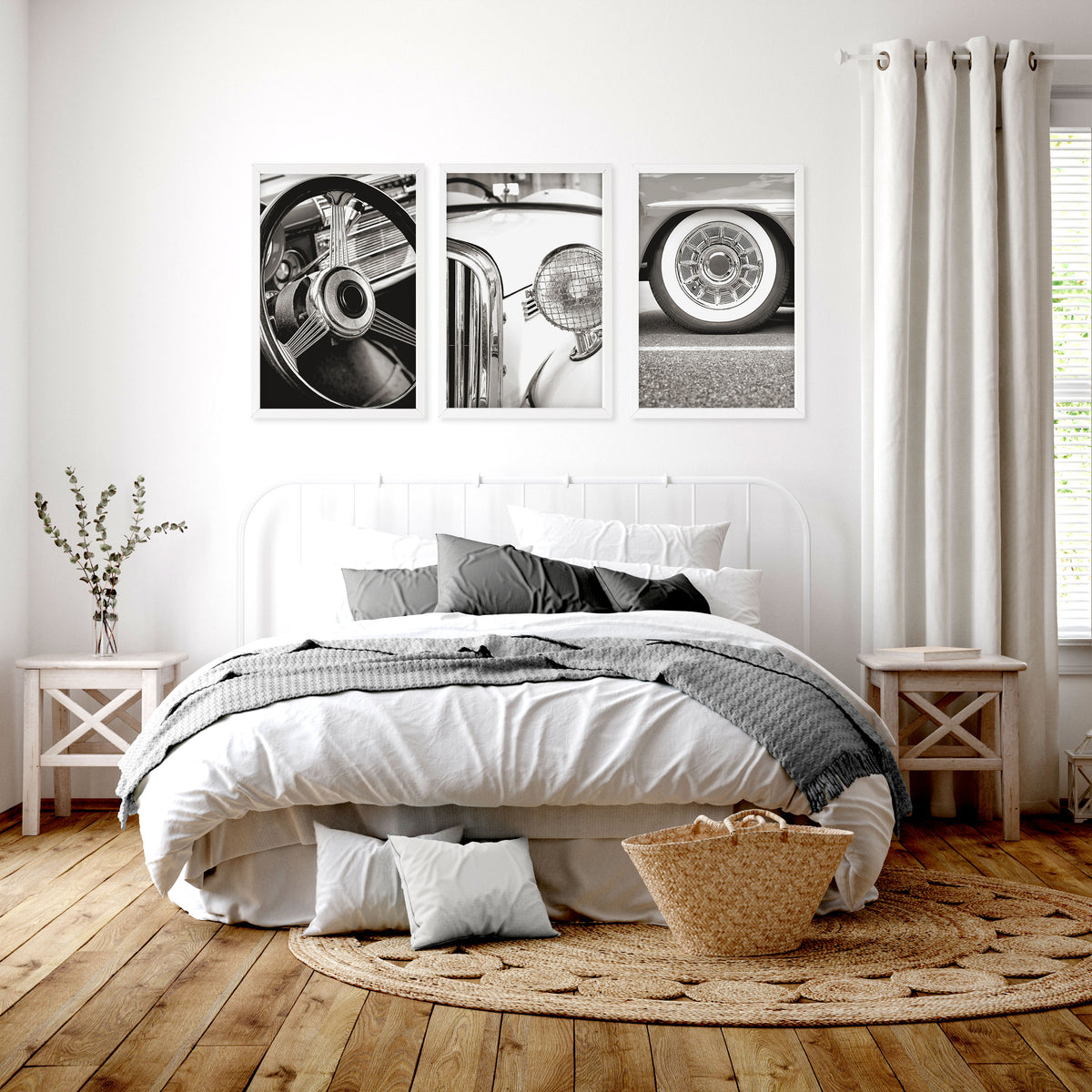 Vintage Posters Classic Car Detail Black & White Photography wall art displayed on a wall in a styled room — view 6