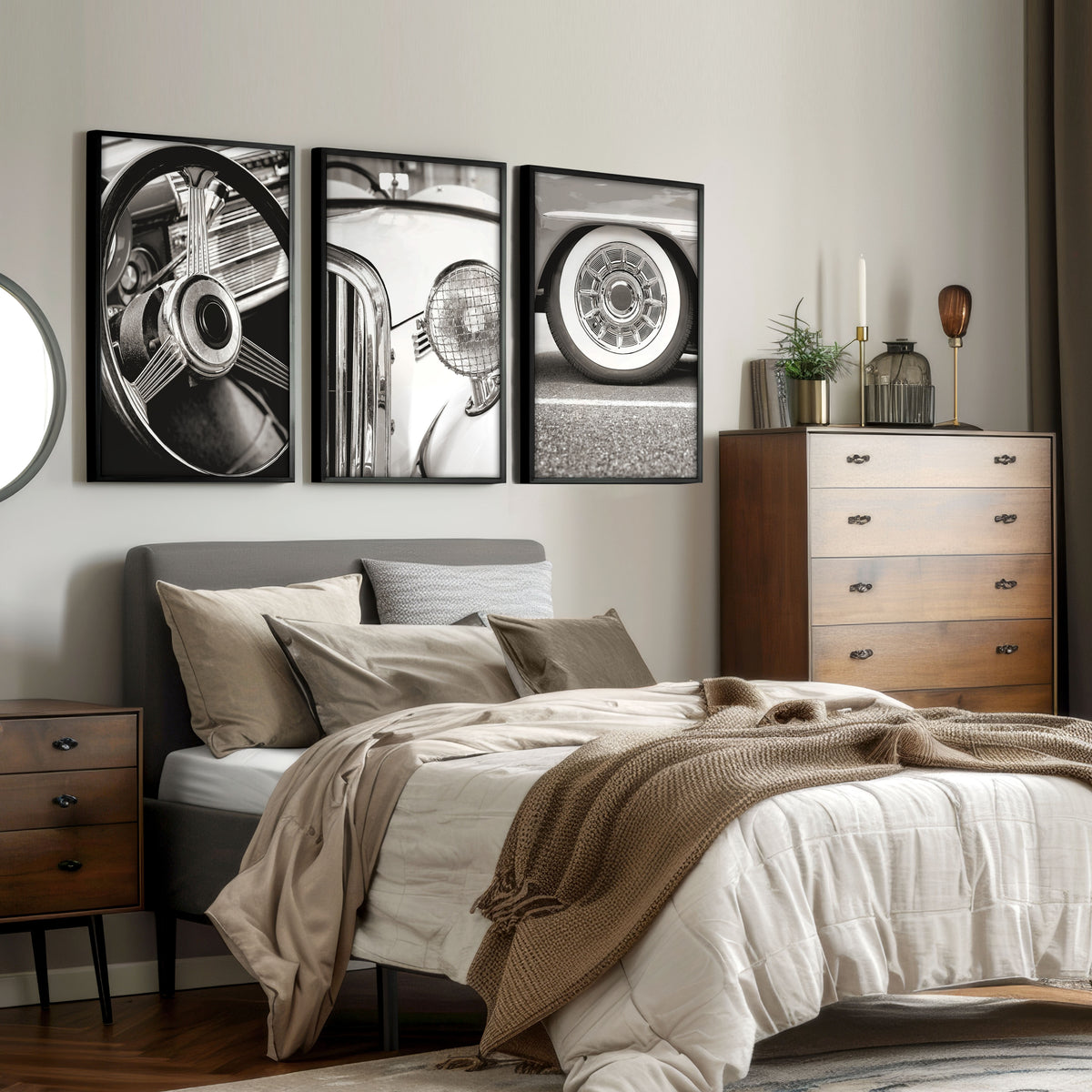 Vintage Posters Classic Car Detail Black & White Photography wall art displayed on a wall in a styled room — view 8