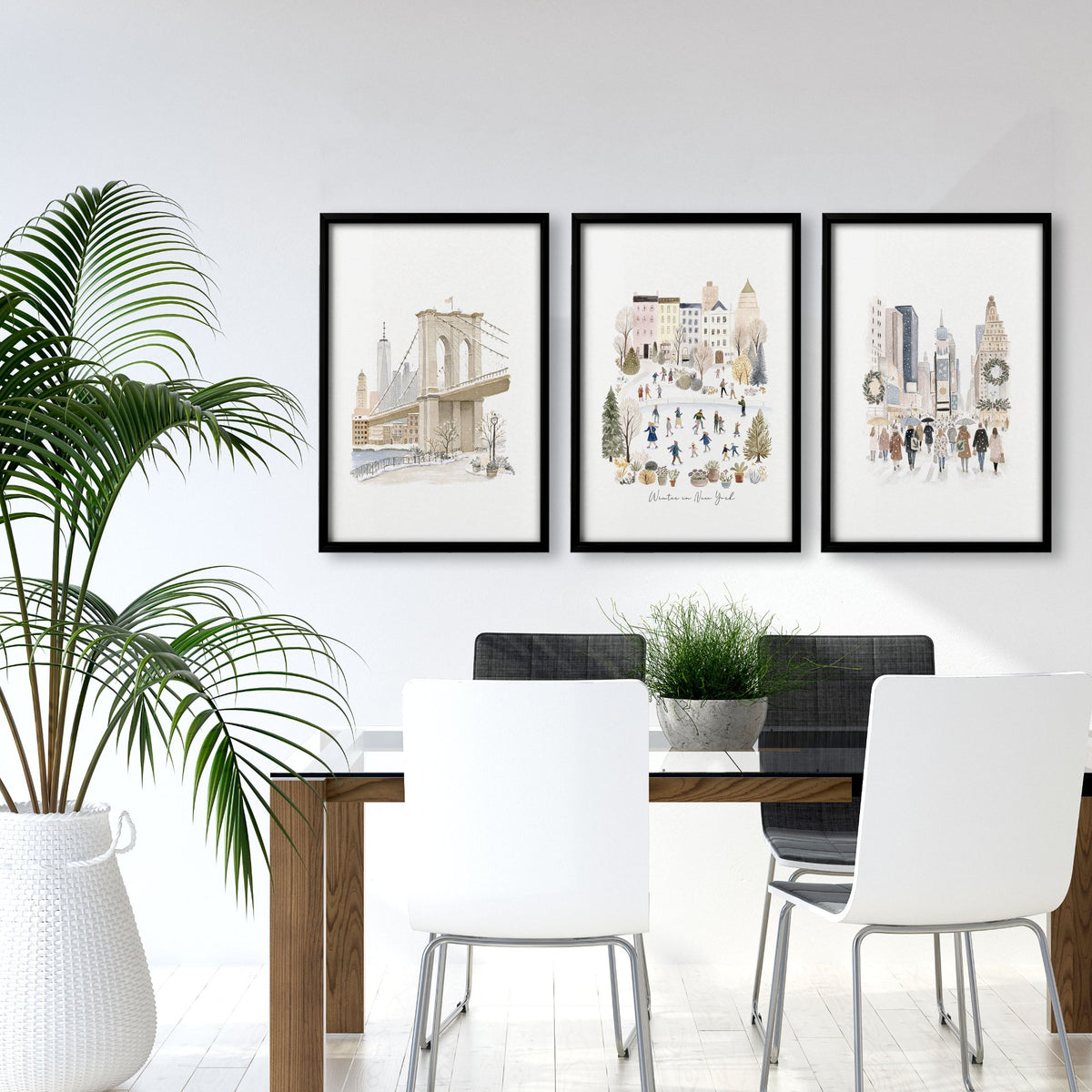 Vintage Travel Art wall art "Winter in New York" Watercolour NYC Beige Set displayed on a wall in a styled room — view 4